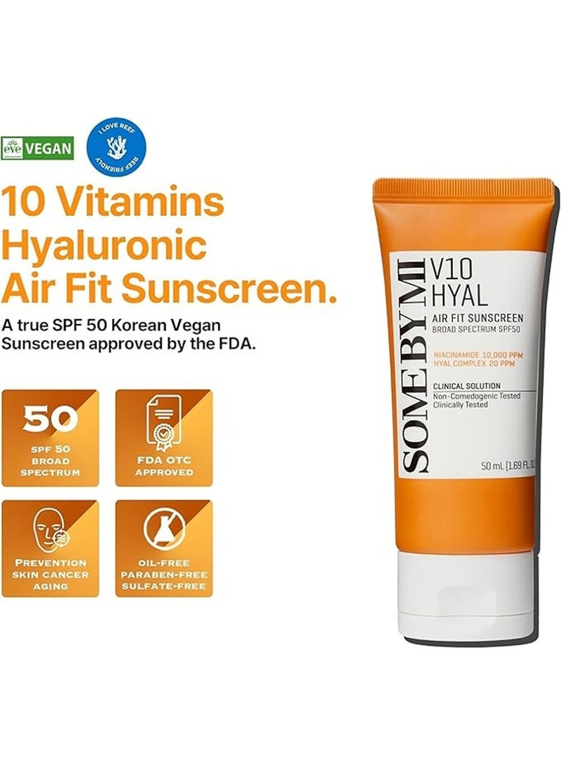 V10 Hyal Air Fit Sunscreen - Daily Niacinamide Spf 50 Korean Sunscreen For Face With Uv Protection - No White Cast And Eye Irritation For Sensitive Skin 50ml