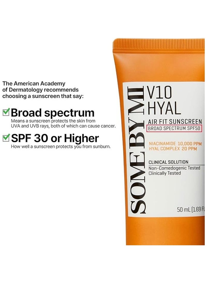 V10 Hyal Air Fit Sunscreen - Daily Niacinamide Spf 50 Korean Sunscreen For Face With Uv Protection - No White Cast And Eye Irritation For Sensitive Skin 50ml