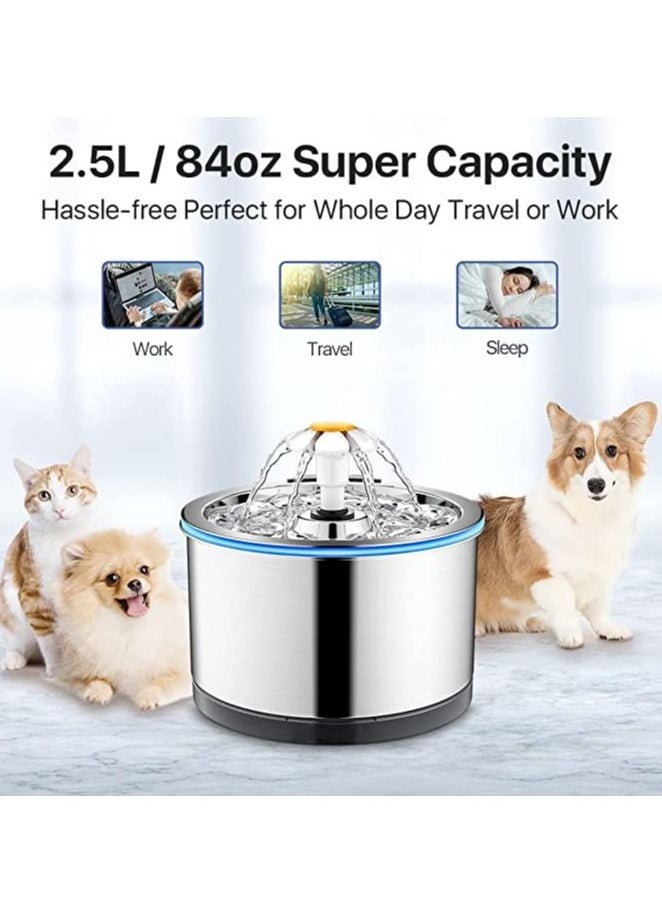 Cat Water Fountain Stainless Steel, 80oz/2.5L Pet Fountain for Cats, Ultra Quiet Cat Water Fountain, Dog Water Fountain Bowl