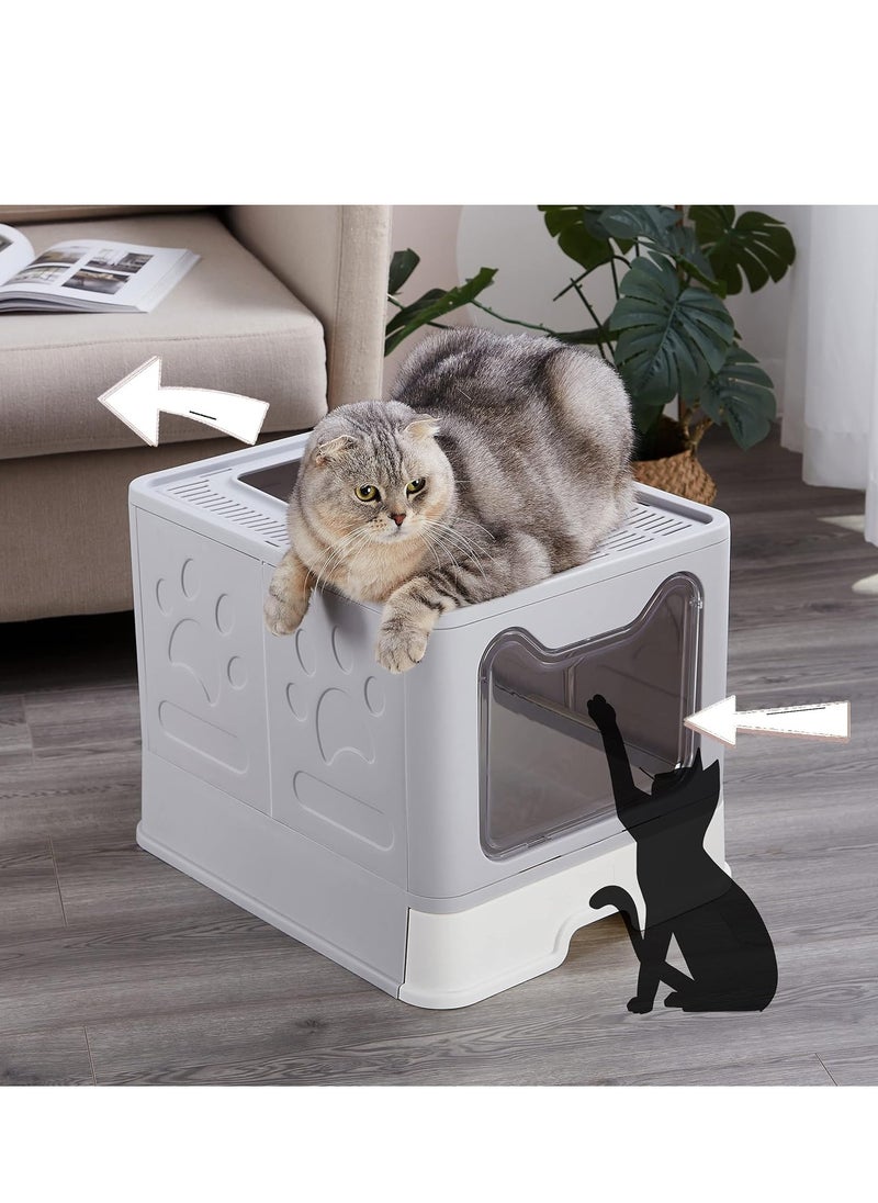 Cat Litter Box, Double Entrance Cat Litter Tray with Lid XXL Foldable Large Top Entry Cat Litter Box with Pet Litter Shovel Covered Kitten Litter Tray with Drawer Pan Leak-Proof Cat Potty