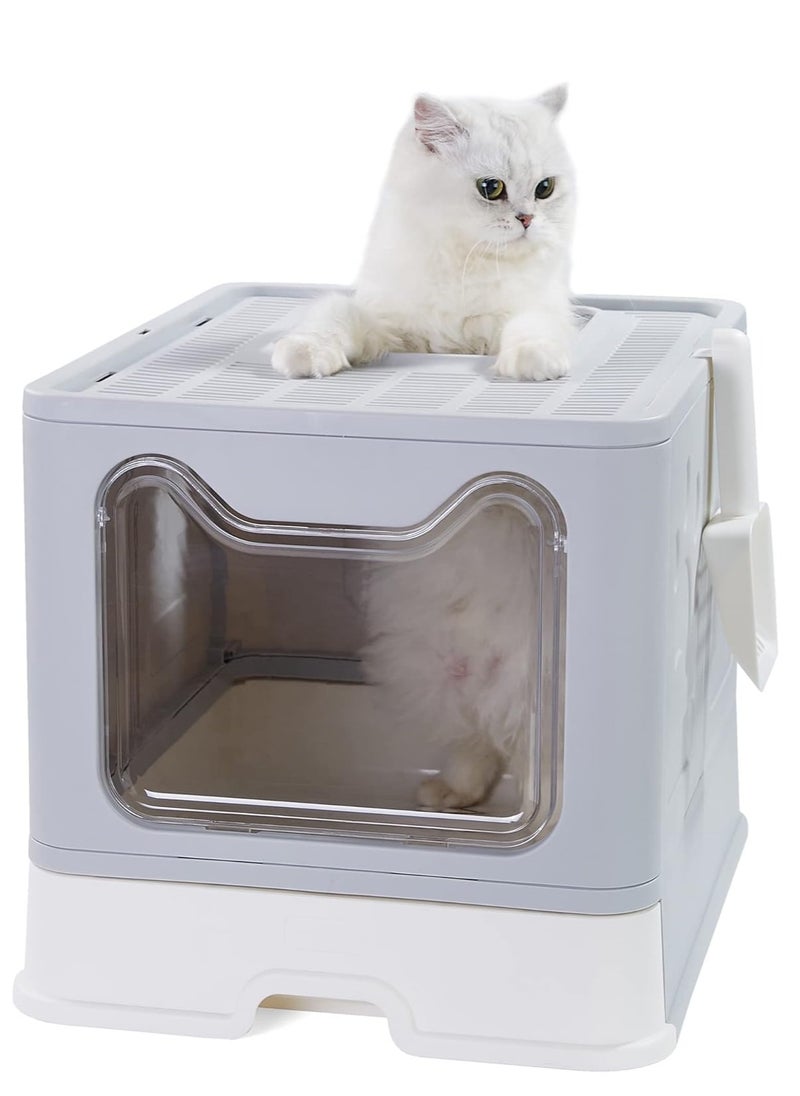 Cat Litter Box, Double Entrance Cat Litter Tray with Lid XXL Foldable Large Top Entry Cat Litter Box with Pet Litter Shovel Covered Kitten Litter Tray with Drawer Pan Leak-Proof Cat Potty