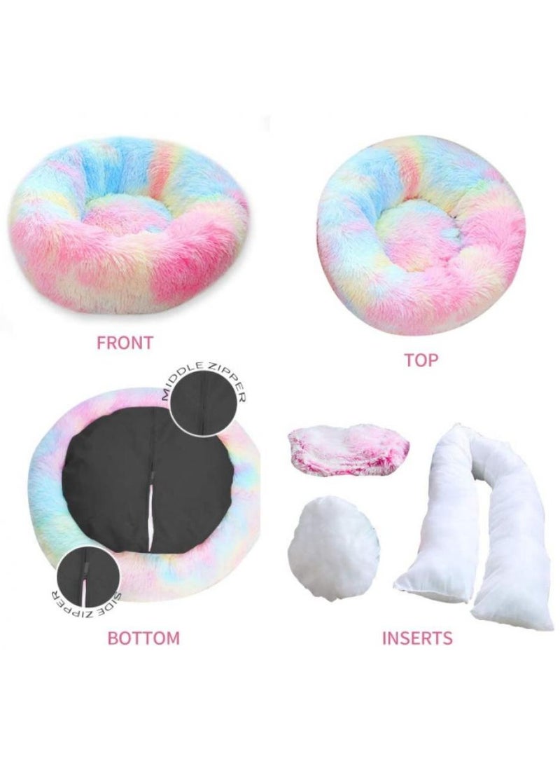 Donut Pet Bed, Round Plush Cushion Anti Anxiety Faux Fur for Small Pets, Pluffy Mat Dog Sofa, Comfy Indoor Cat House Self-Warming Bedding