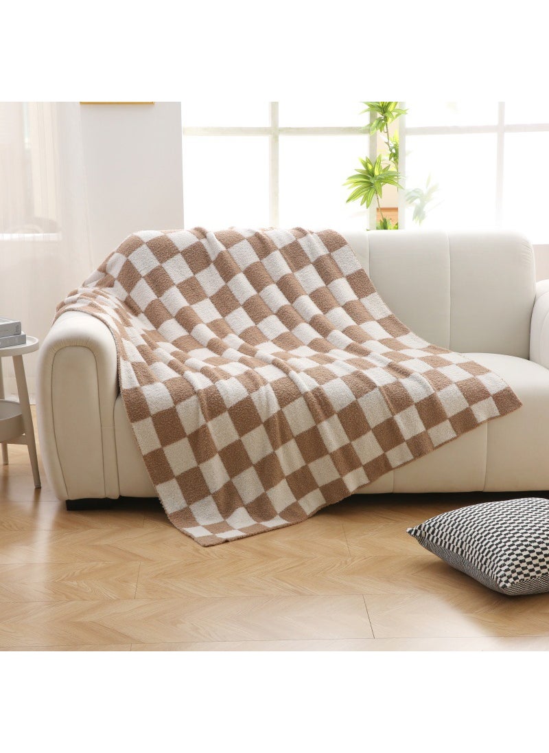 Plush Grid Blanket Thick Warm Sofa Throw Khaki