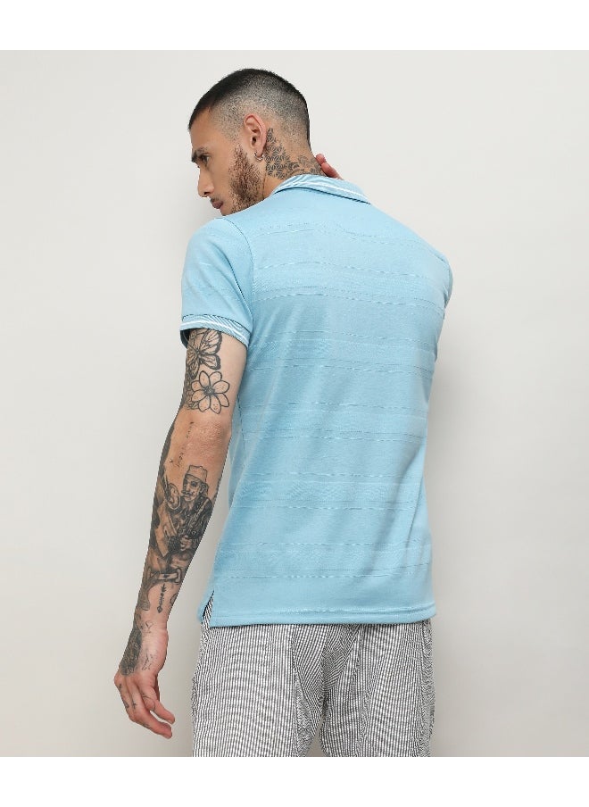 Men's Sky Blue Self-Design Horizontal Striped T-Shirt