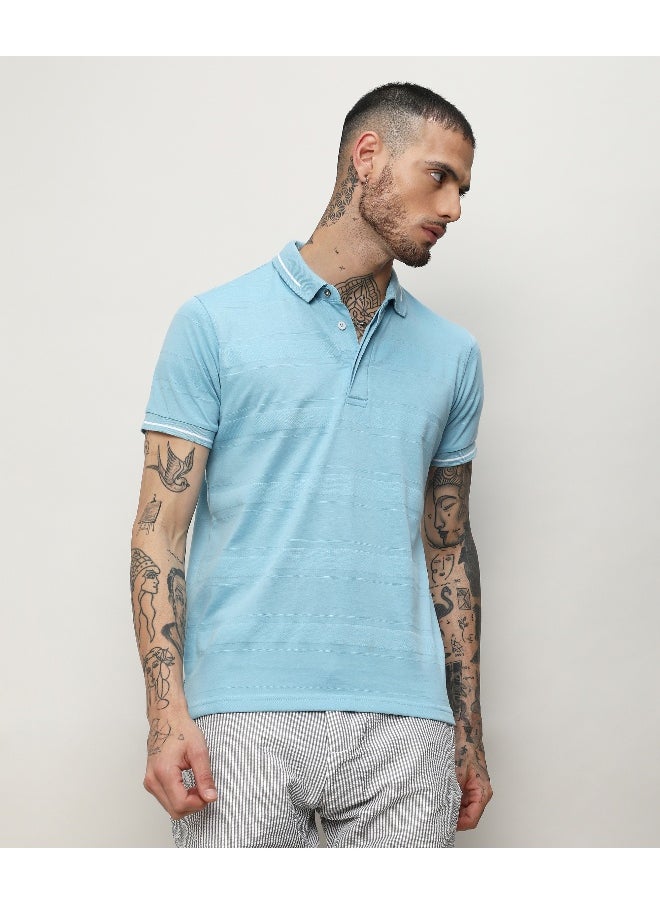 Men's Sky Blue Self-Design Horizontal Striped T-Shirt