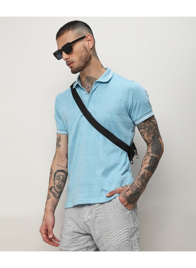 Men's Sky Blue Self-Design Horizontal Striped T-Shirt