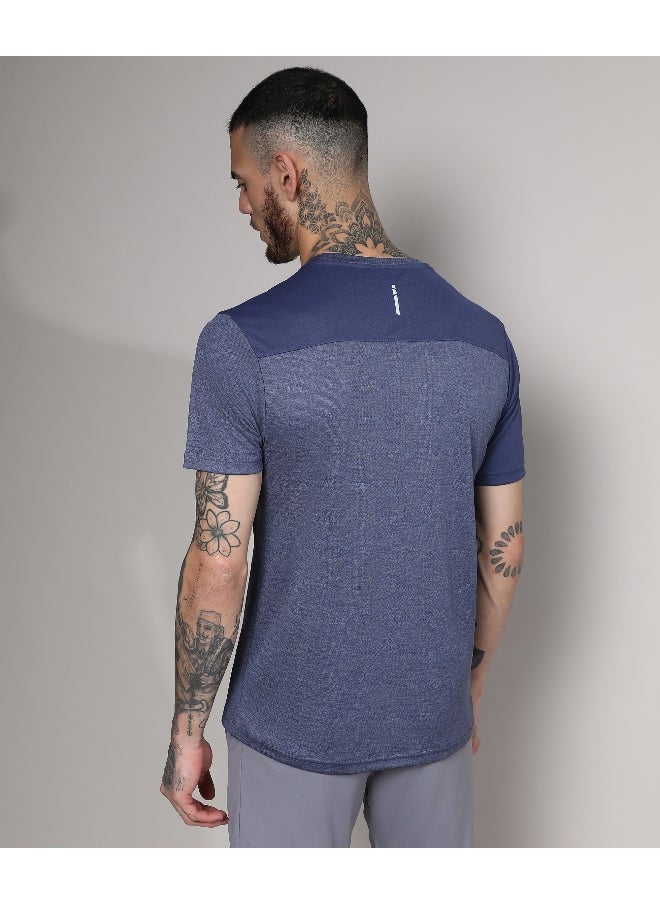 Men's Prussian Blue Contrast Heathered Activewear T-Shirt