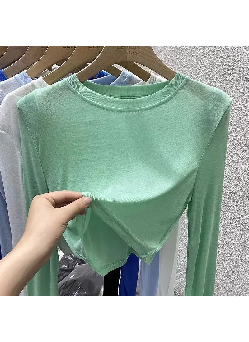 2024 Summer White Ice Silk Sunproof Cardigan Womens Casual Short Tee Light blue