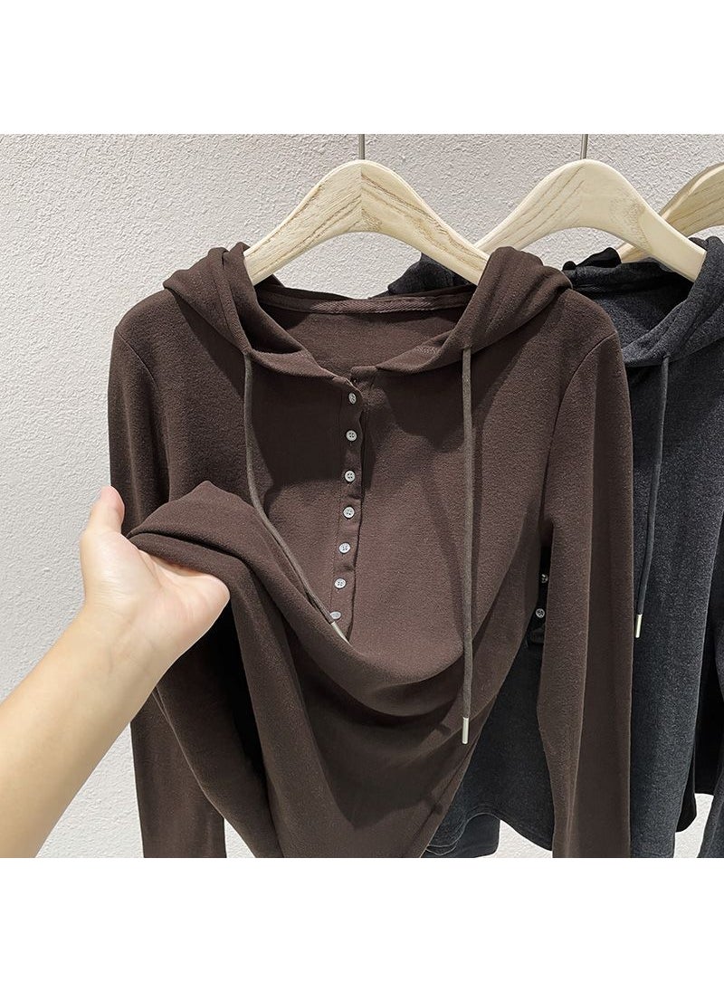 Ultra-Soft Velvet Hoodie Long-Sleeve Warm Top Coffee color [cationic de velvet fleece-lined warmth]]