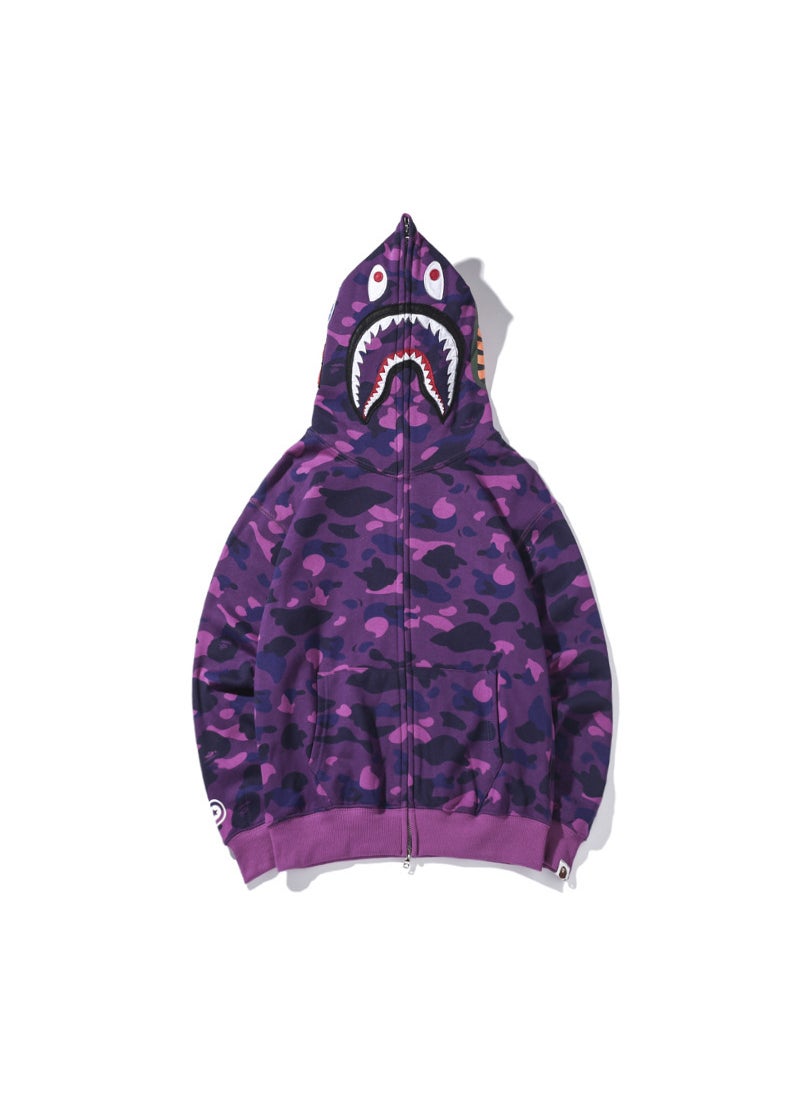 Japanese Trendy Embroidered Camo Shark Hoodie Autumn Winter Purple