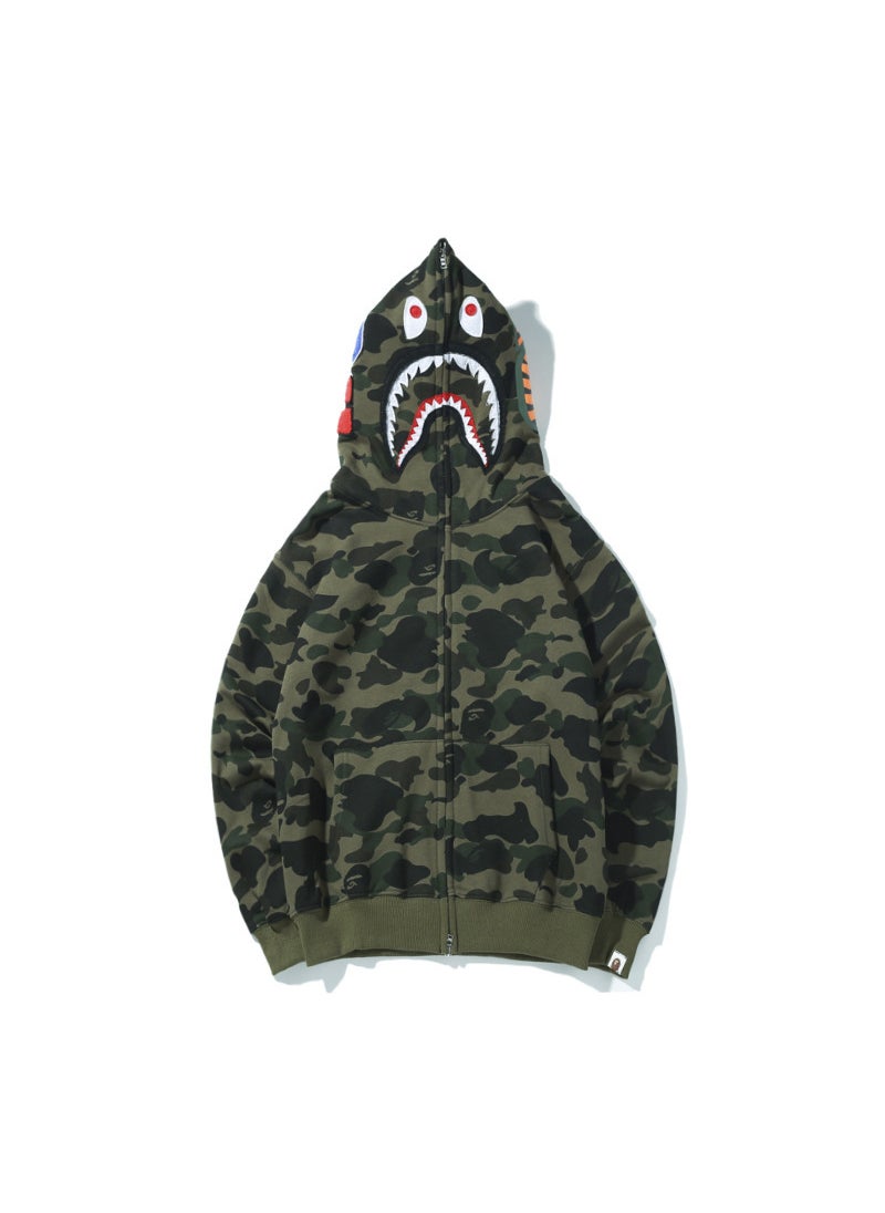 Japanese Trendy Embroidered Camo Shark Hoodie Autumn Winter Purple