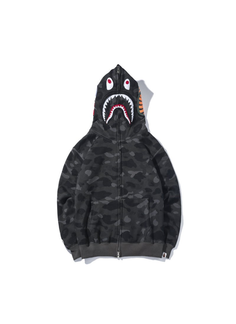 Japanese Trendy Embroidered Camo Shark Hoodie Autumn Winter Purple