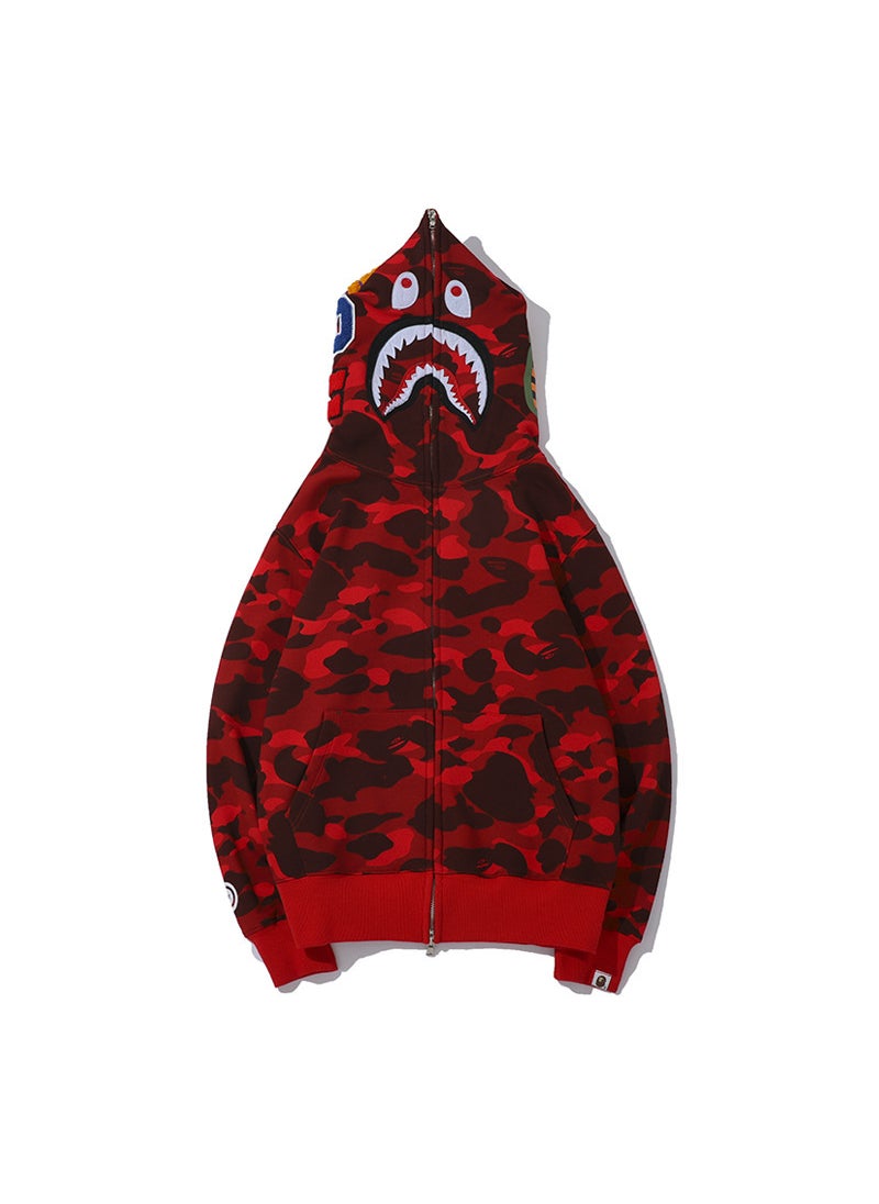 Japanese Trendy Embroidered Camo Shark Hoodie Autumn Winter Purple