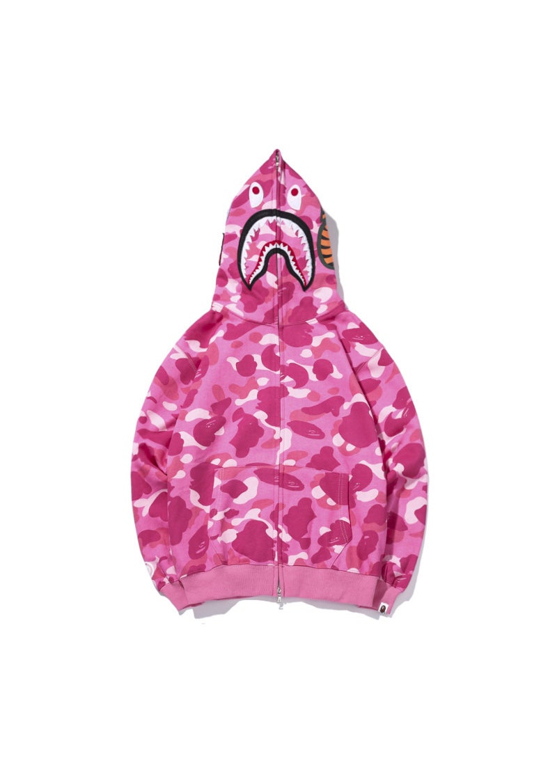 Japanese Trendy Embroidered Camo Shark Hoodie Autumn Winter Blue