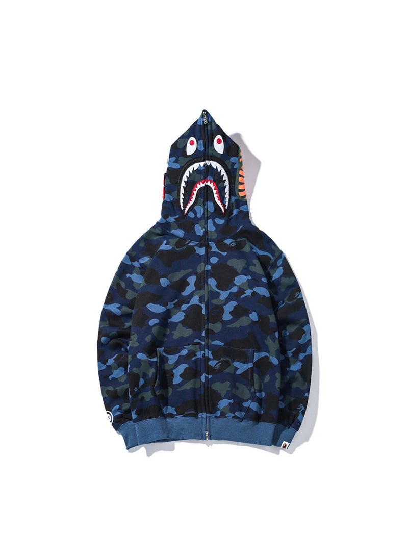 Japanese Trendy Embroidered Camo Shark Hoodie Autumn Winter Blue