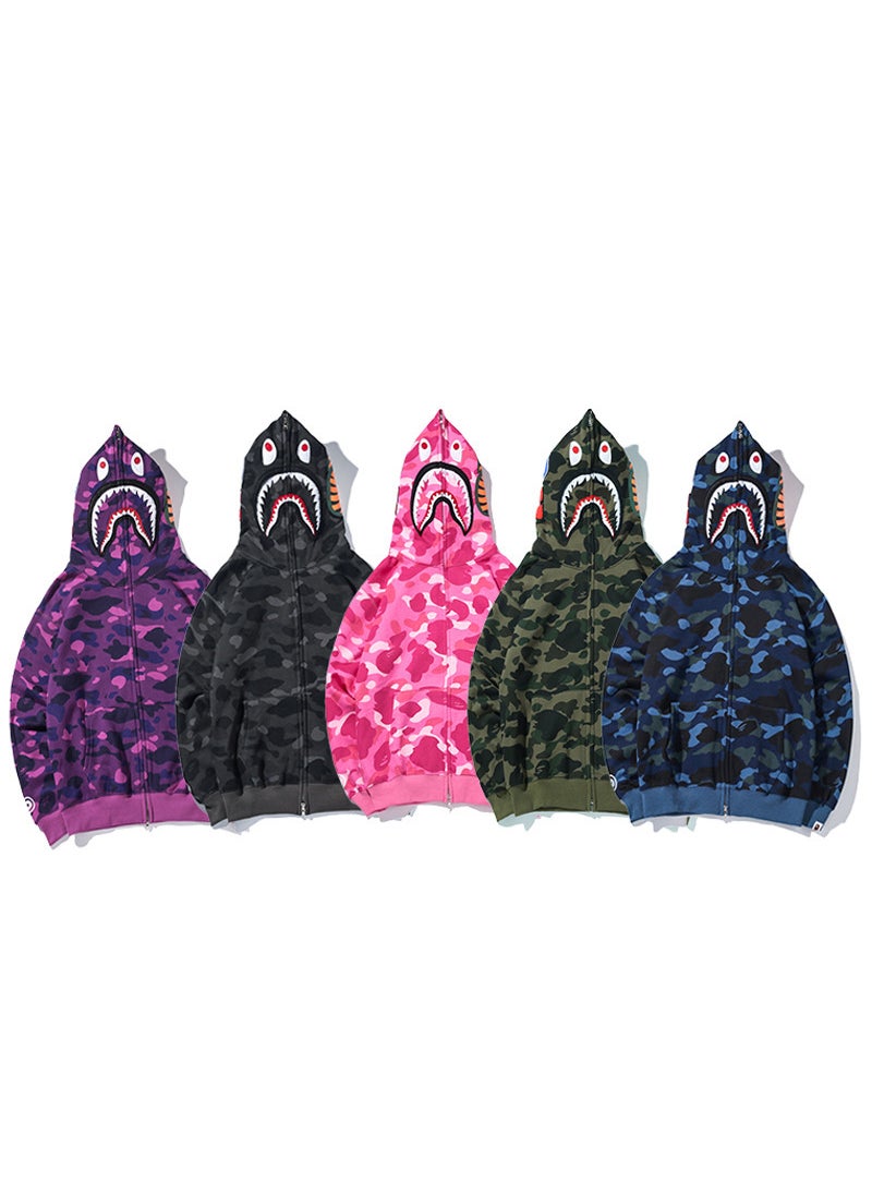 Japanese Trendy Embroidered Camo Shark Hoodie Autumn Winter Pink