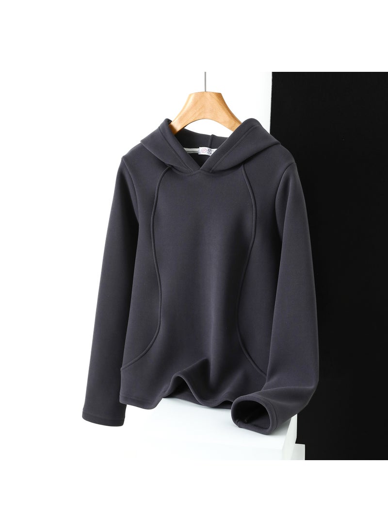 Winter chic velvet windproof sweater womens hooded solid color fleece-lined plus thick velvet composite drawstring stitching pullover hoodie Dark gray