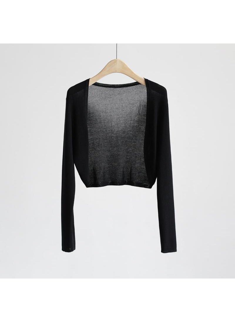 External Ice Silk Thin Knitted Sunscreen Cardigan Jacket Womens Summer Waistcoat with Halter Skirt Small Shawl Blouse Top Black