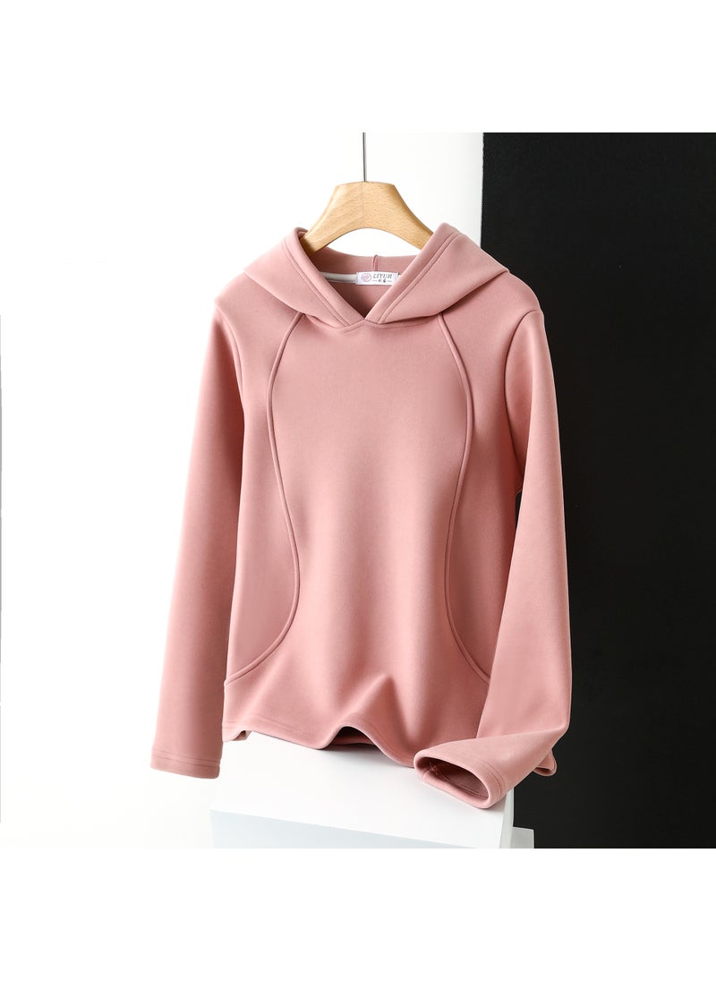 Winter chic velvet windproof sweater womens hooded solid color fleece-lined plus thick velvet composite drawstring stitching pullover hoodie Pink