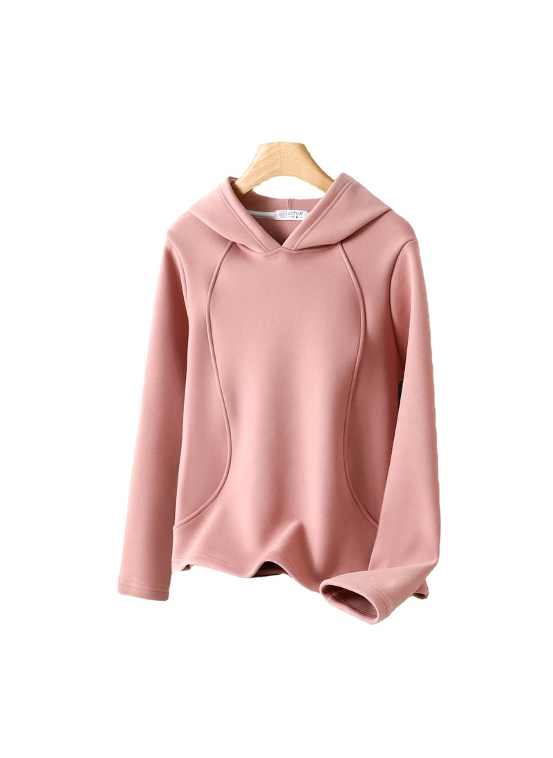 Winter chic velvet windproof sweater womens hooded solid color fleece-lined plus thick velvet composite drawstring stitching pullover hoodie Pink