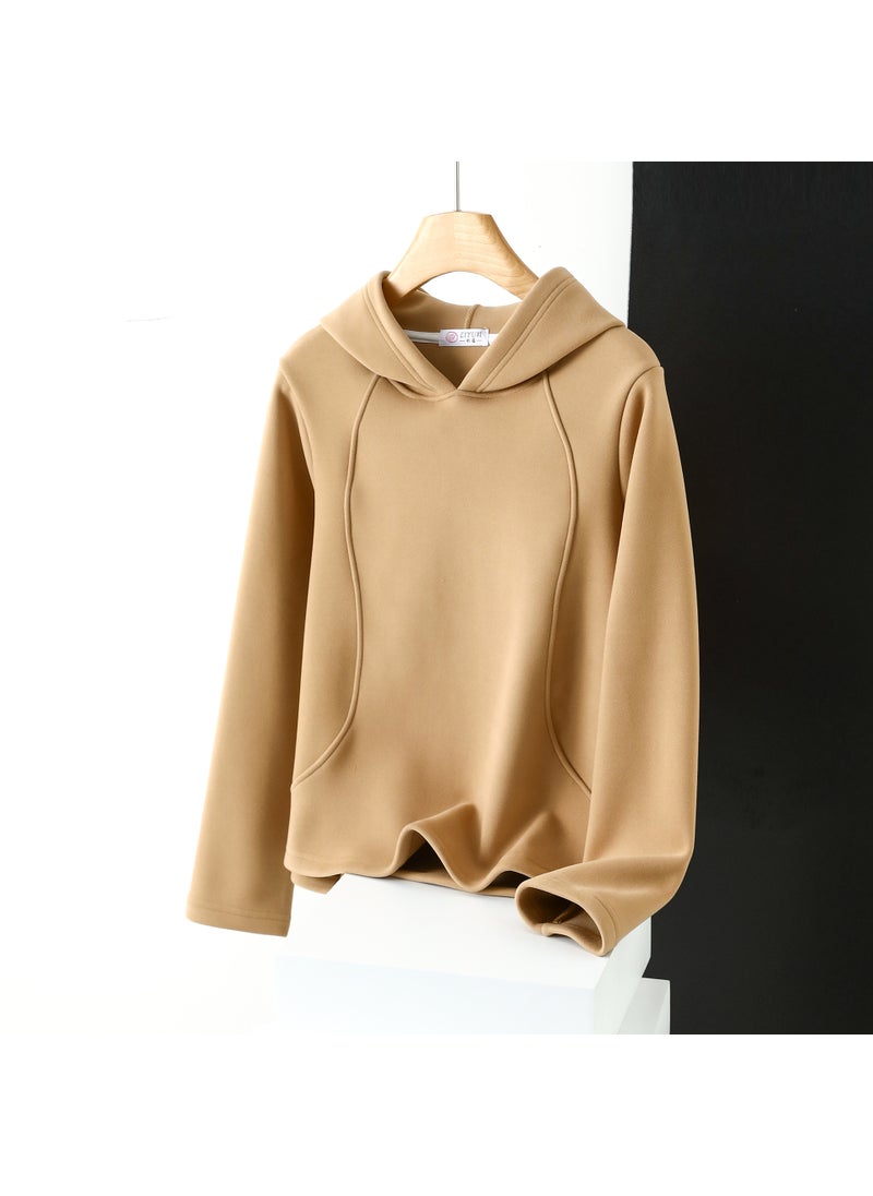 Winter chic velvet windproof sweater womens hooded solid color fleece-lined plus thick velvet composite drawstring stitching pullover hoodie Khaki