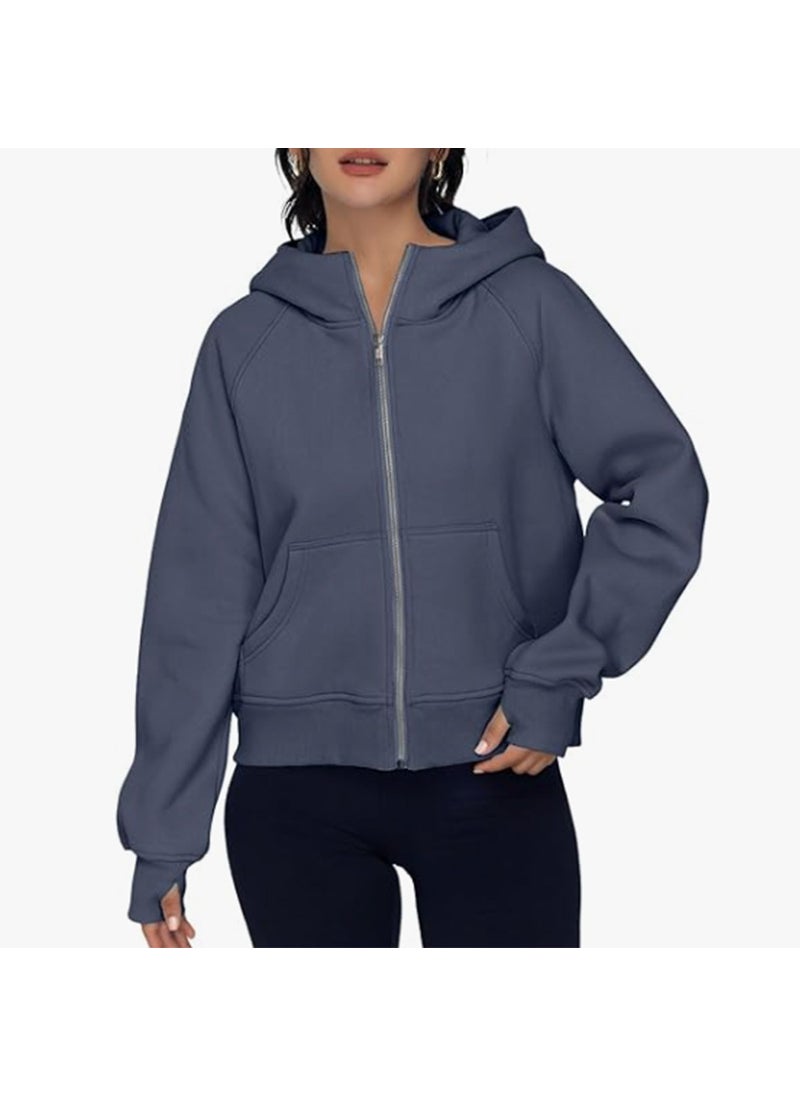 2023 New Womens Hooded Zip-Up Cardigan Sea Blue