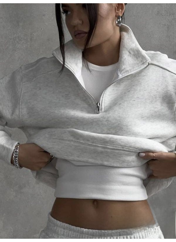 2024 Fleece-Lined Half-Zip Collar Sweatshirt for Women Beige gray