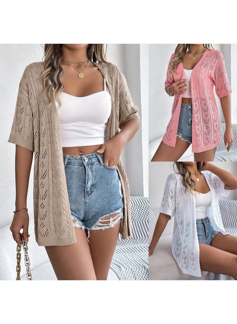 2024 Spring Hollow Out Knit Cardigan Womens Sun Protection White