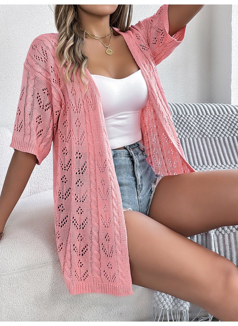 2024 Spring Hollow Out Knit Cardigan Womens Sun Protection Pink