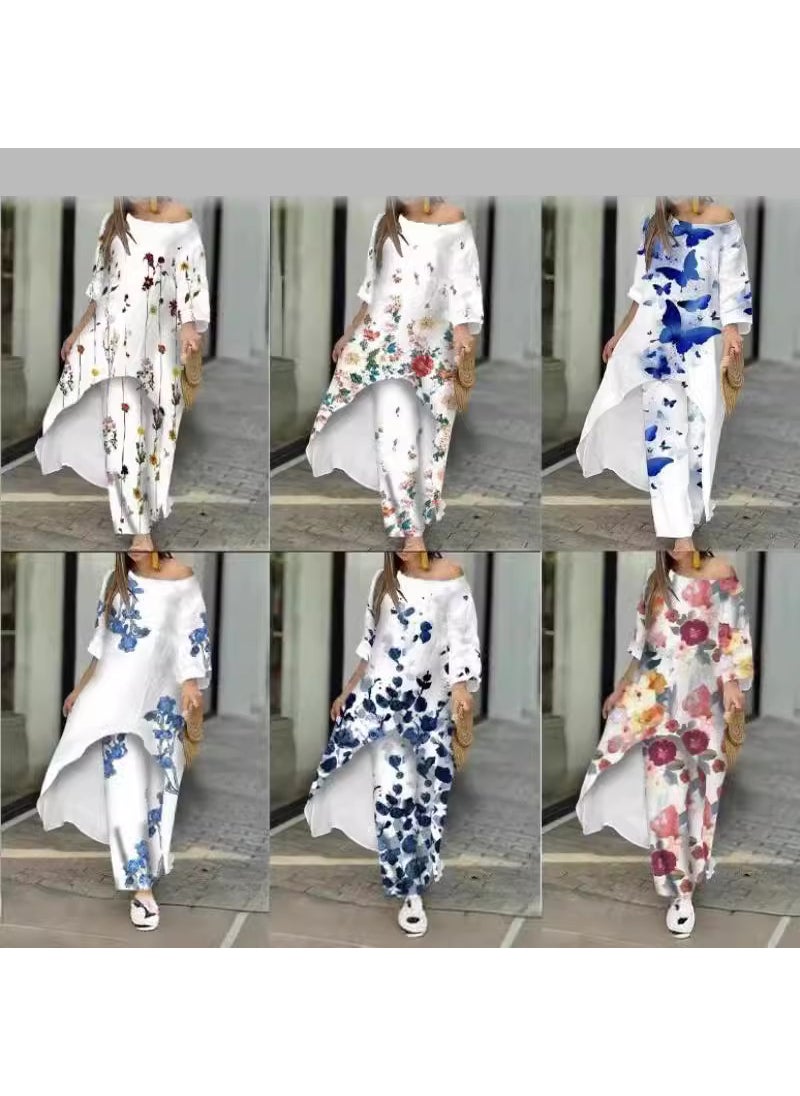 2024 Casual Chic Plus-Size Womens Irregular Print Trousers Set 2#