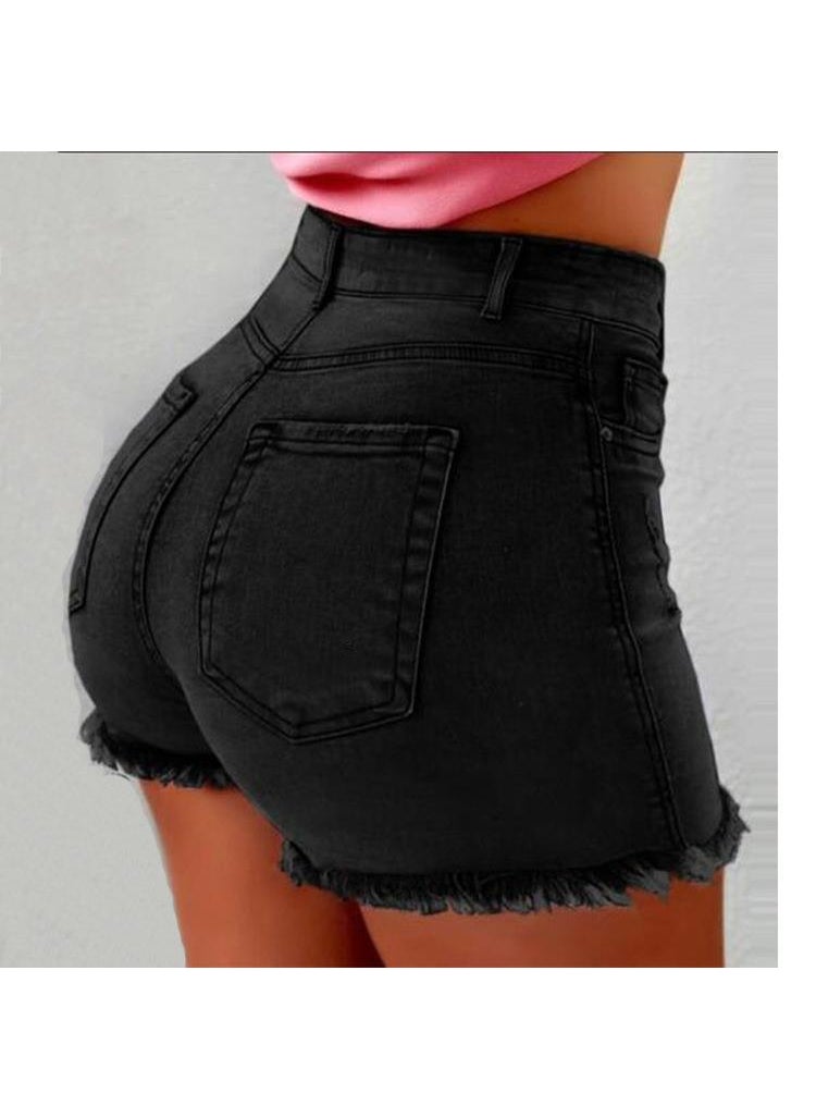 Tassel Ripped High Waist Denim Shorts Black