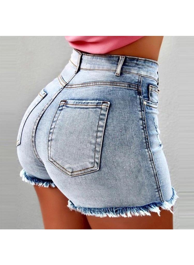 Tassel Ripped High Waist Denim Shorts Light blue