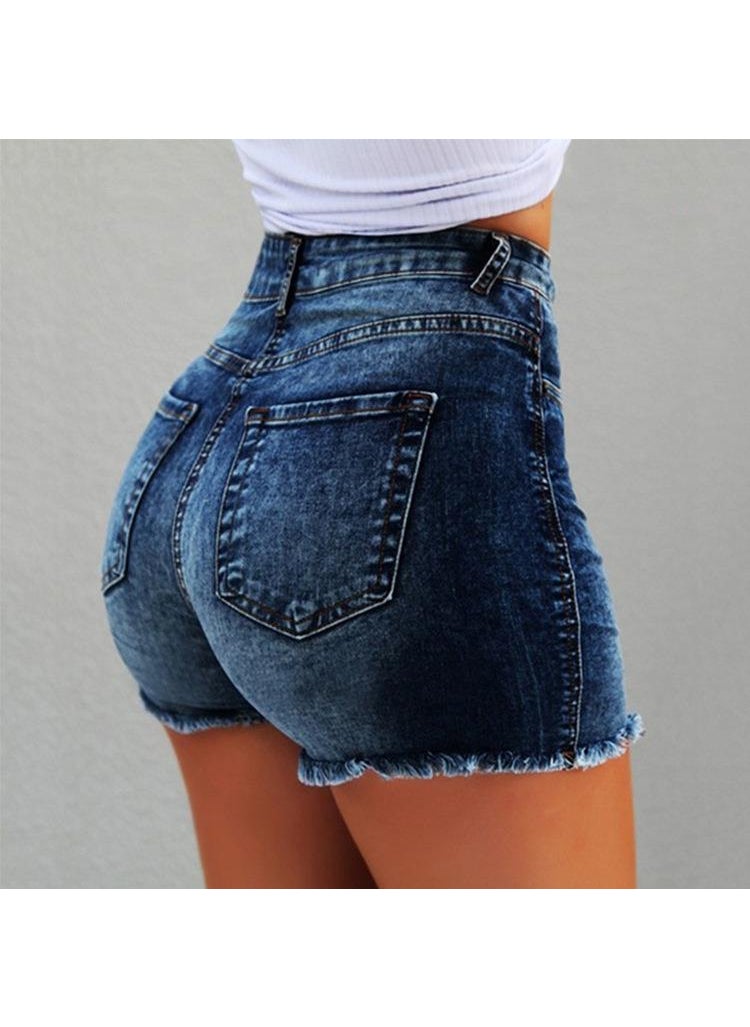 Tassel Ripped High Waist Denim Shorts Dark blue