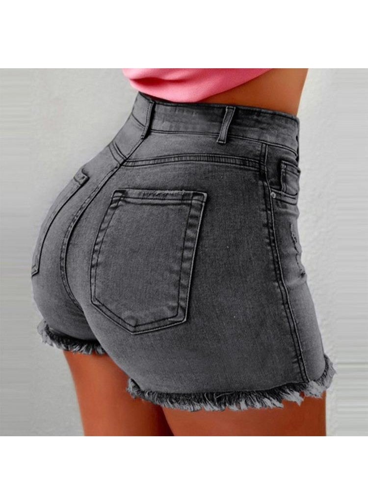 Tassel Ripped High Waist Denim Shorts Gray