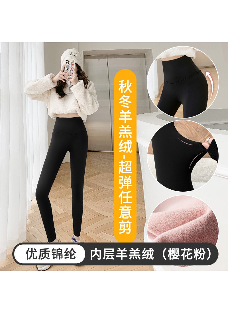 Fleece-Lined High-Waist Slimming Leggings for Women Black net nylon (powder lamb velvet) seamed Classic