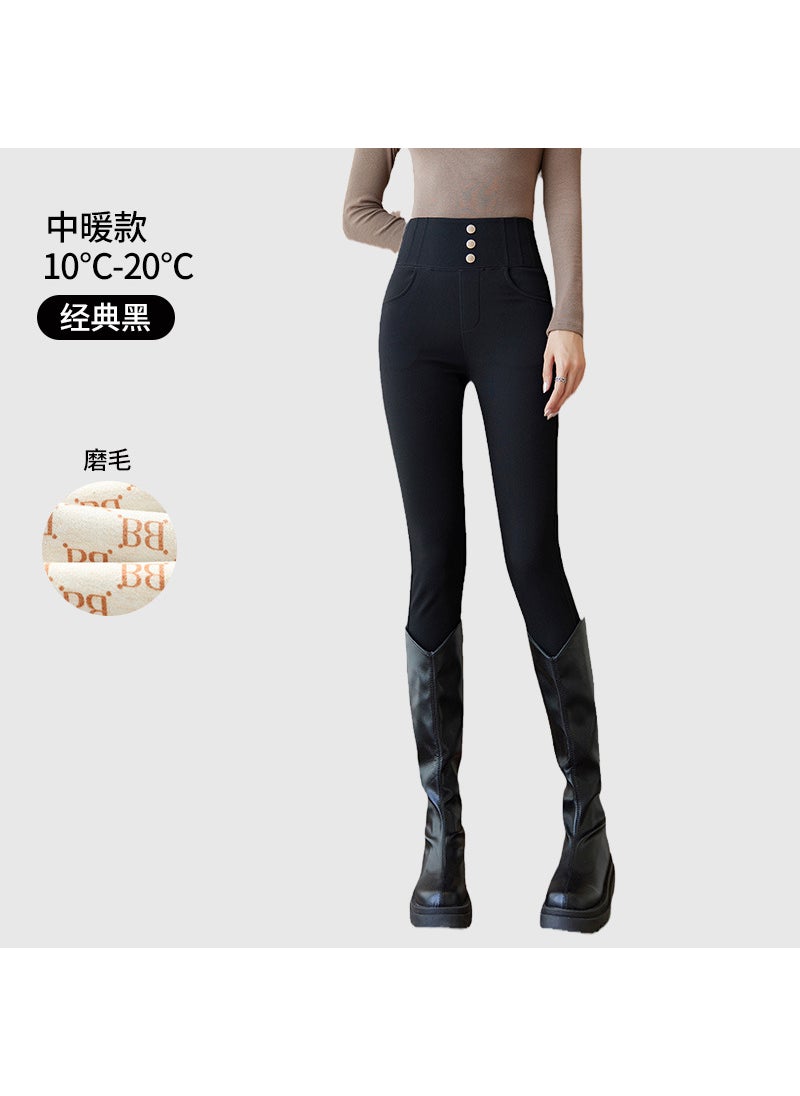 3931 gold buckle tight small black pants outer wear high waist stretch slimming skinny pants spring and autumn fleece-lined plus size leggings for women Sanding