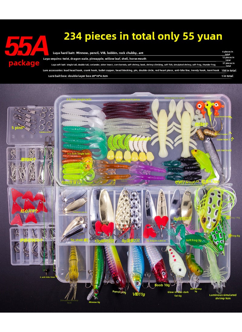 Lure Bait Set Kit with Spinners, Frogs, Soft Baits 55A suit 234 pieces (380g)