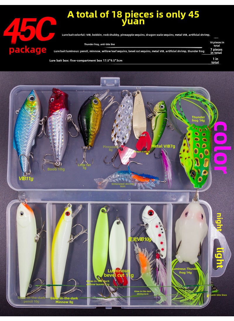 Lure Bait Set Kit with Spinners, Frogs, Soft Baits 45C suit 18 pcs (205g)