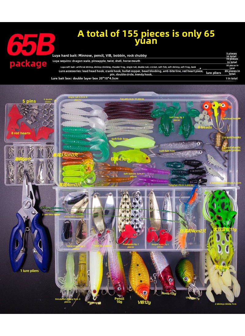 Lure Bait Set Kit with Spinners, Frogs, Soft Baits 65B suit 155 pieces (530g)