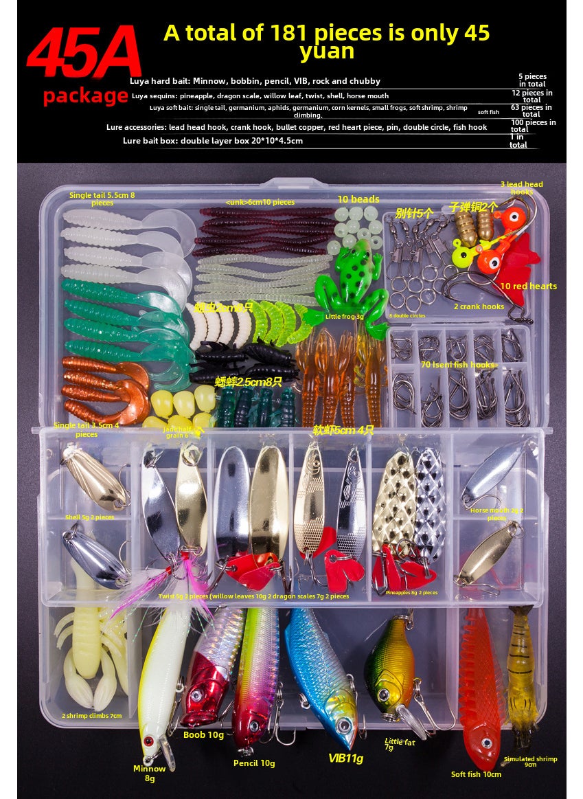 Lure Bait Set Kit with Spinners, Frogs, Soft Baits 45A suit 181 pieces (333g)