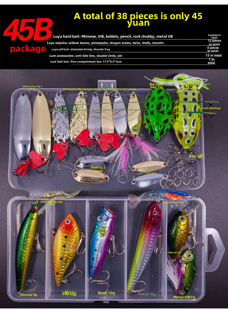 Lure Bait Set Kit with Spinners, Frogs, Soft Baits 45B suit 38 pieces (255g)