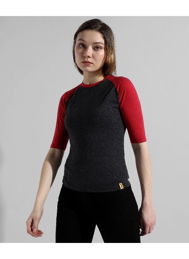 Women's Red Colourblocked Regular Fit Top