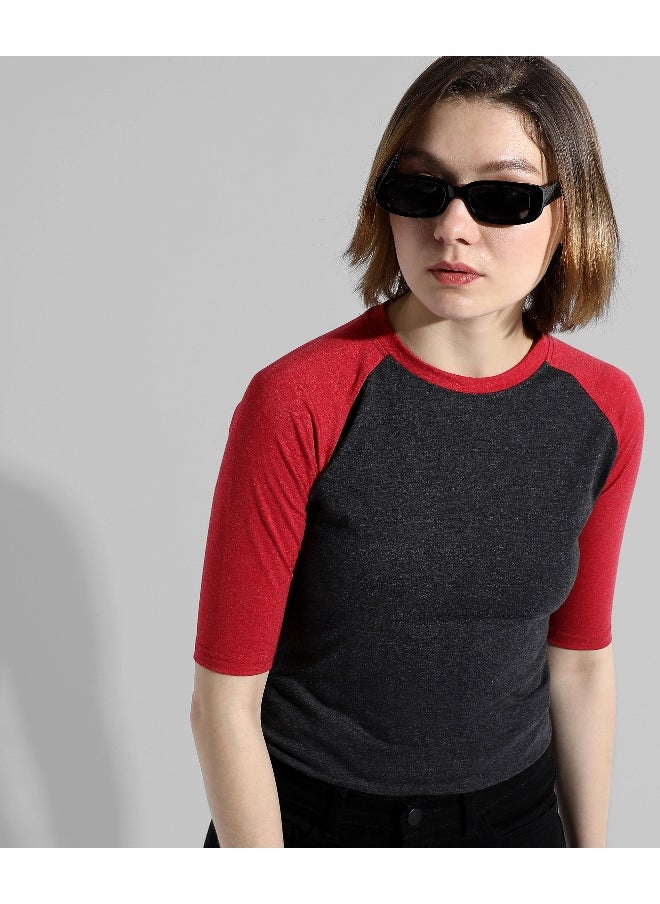 Women's Red Colourblocked Regular Fit Top