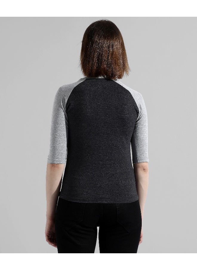 Women's Charcoal Grey Colourblocked Regular Fit Top