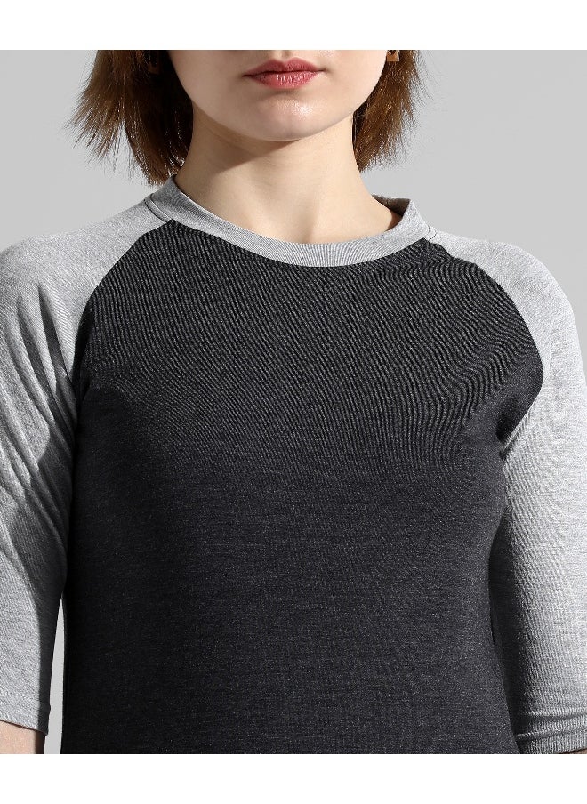 Women's Charcoal Grey Colourblocked Regular Fit Top