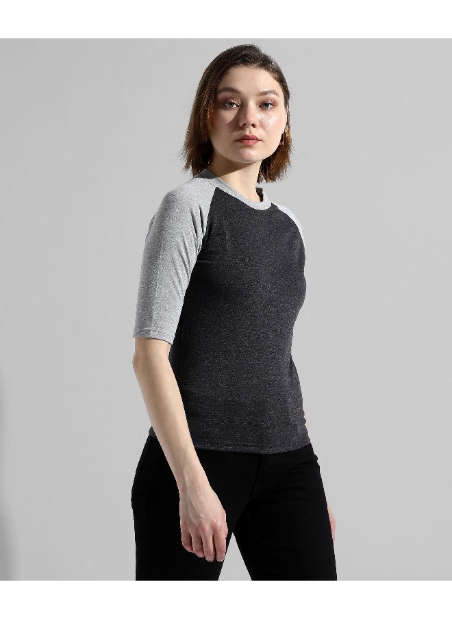 Women's Charcoal Grey Colourblocked Regular Fit Top