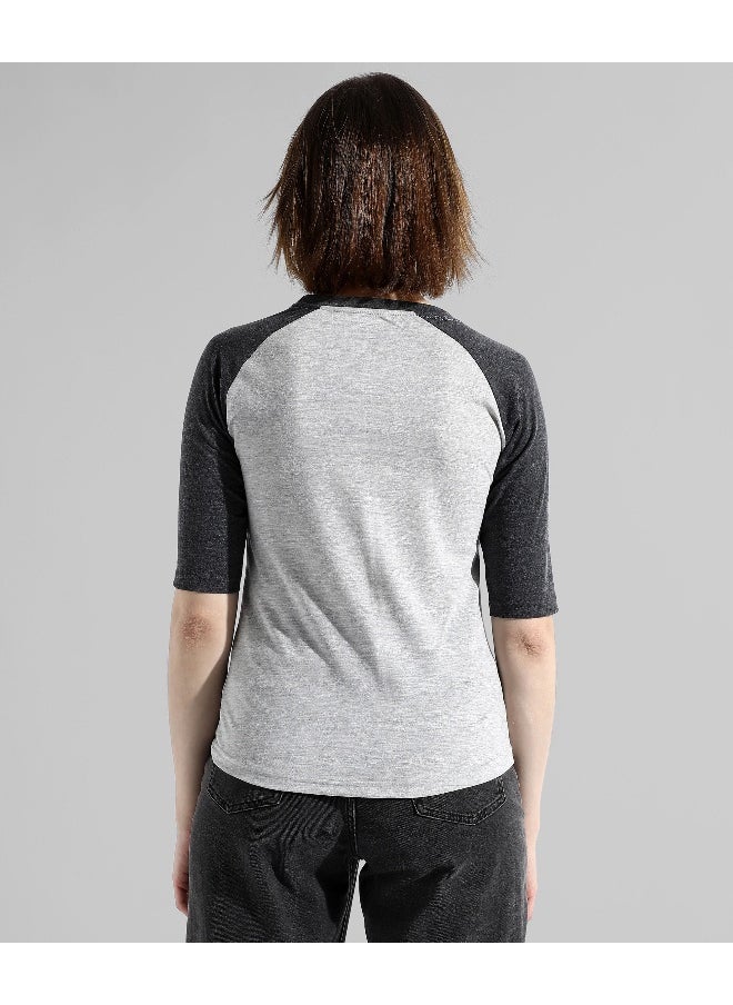 Women's Charcoal Grey Colourblocked Regular Fit Top