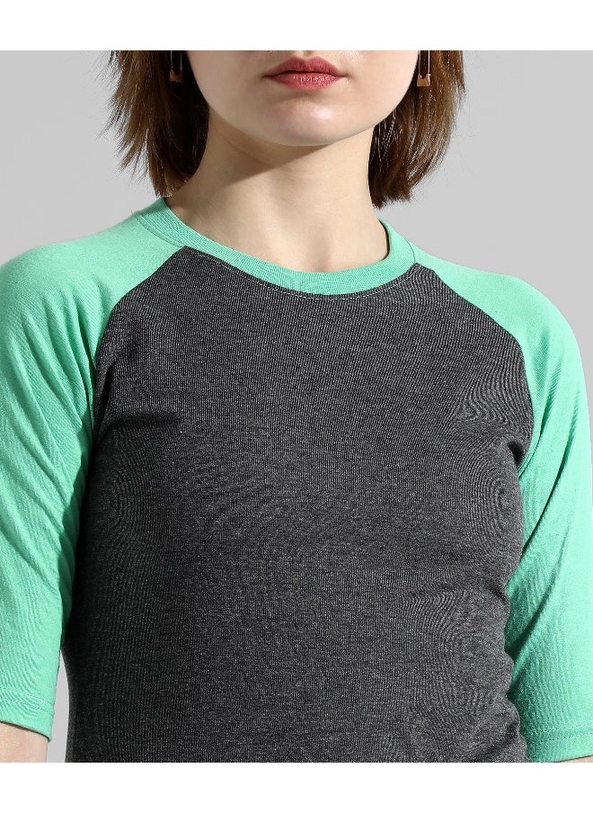 Women's Mint Green Colourblocked Regular Fit Top