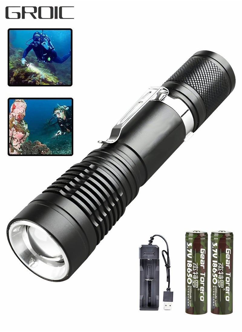 Diving Flashlight Dive Torch,LED Diving Flashlight Underwater Flashlight，Rechargeable Waterproof Underwater Lights Night,Outdoor Flashlight