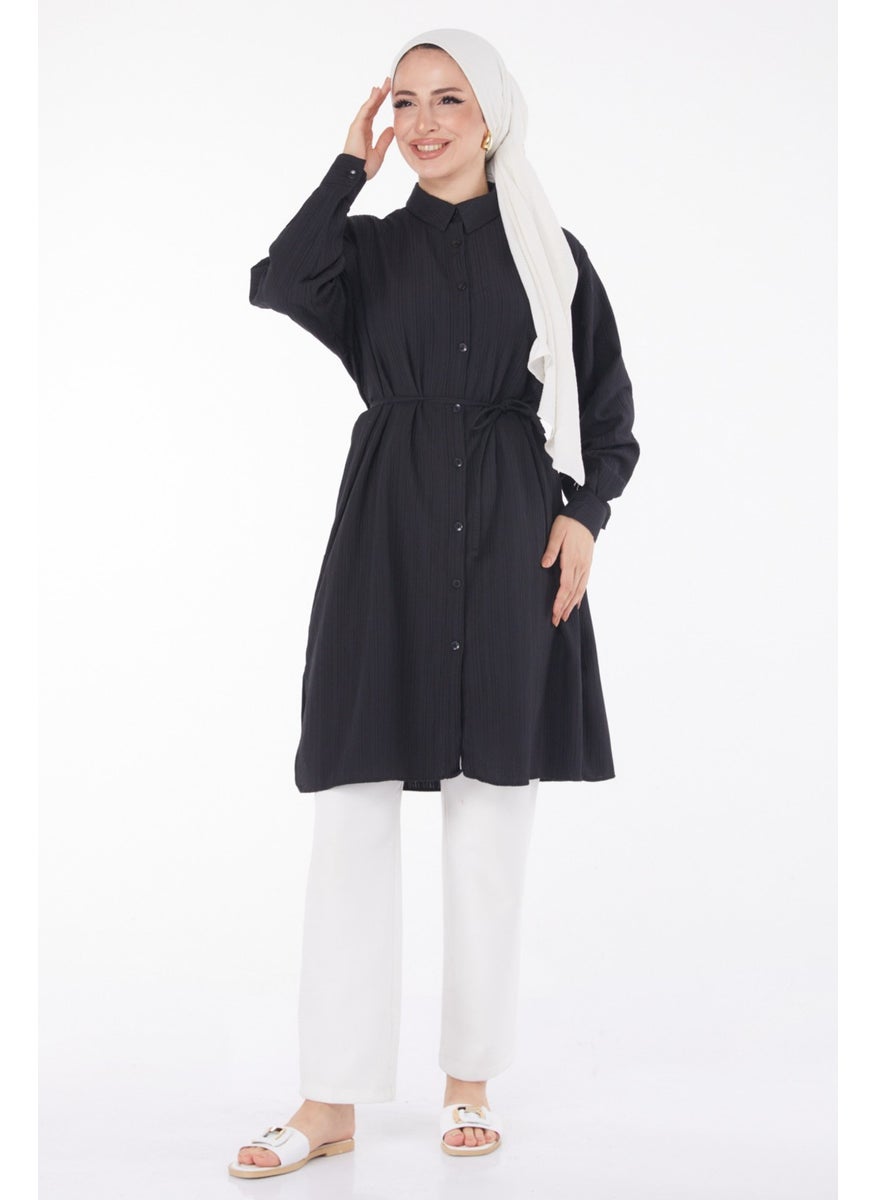 Plain Shirt Collar Women's Black Belted Tunic - 25889